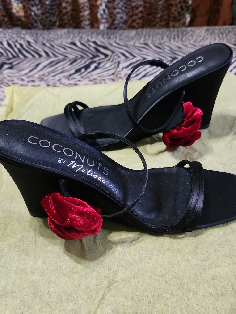 Coconuts by Matisse Black Strappy Wedge Sandals with Red Velvet Rose